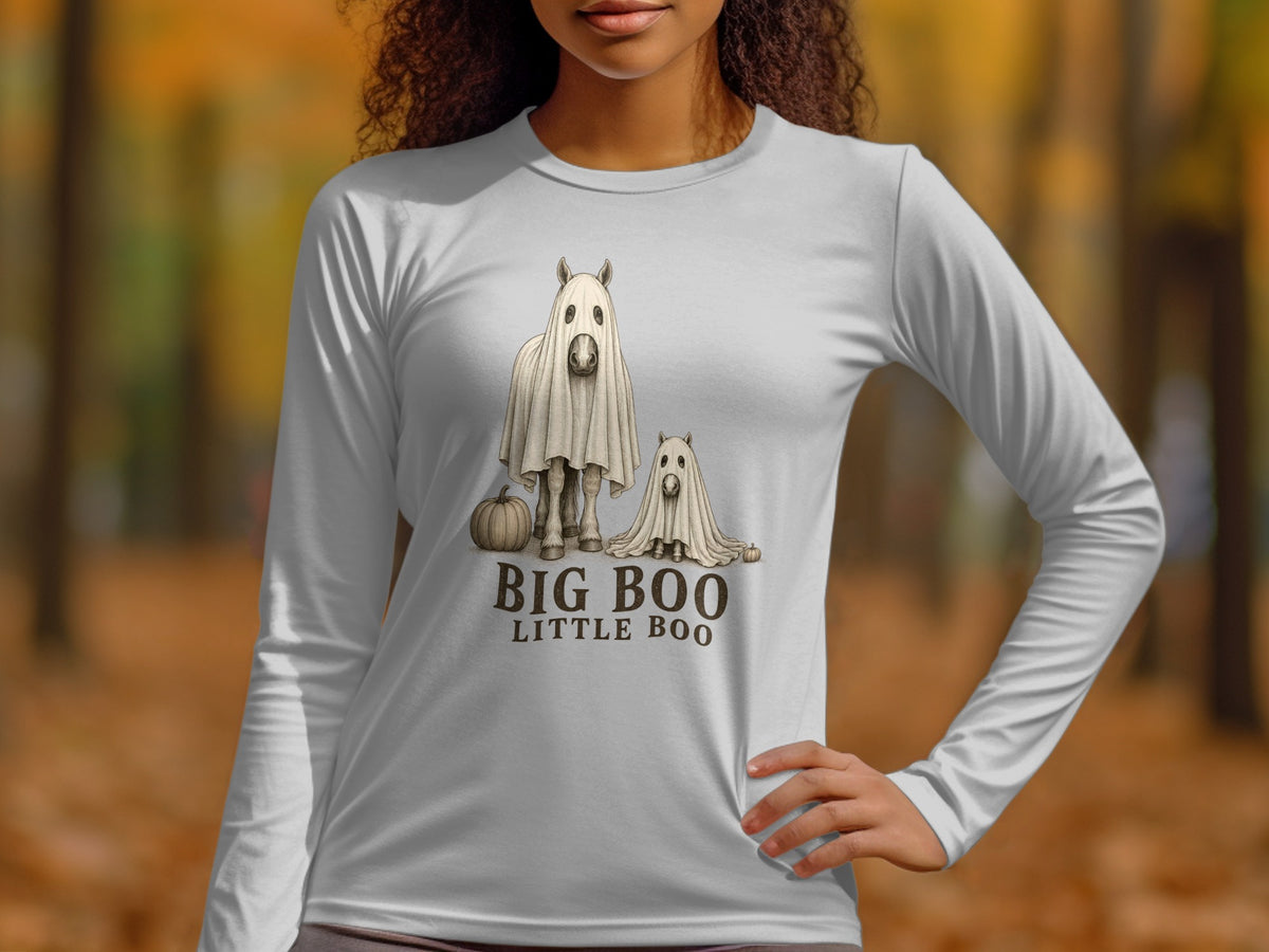 Two horses in ghost costumes with "BIG BOO LITTLE BOO" text.