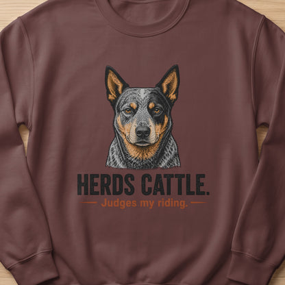 Brown sweatshirt with a detailed illustration of an Australian Cattle Dog and text.