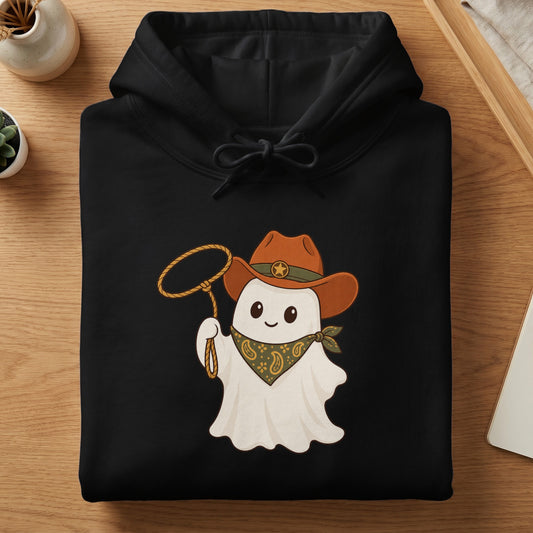 Black hoodie with a cartoon ghost wearing a cowboy hat and bandana, holding a lasso.