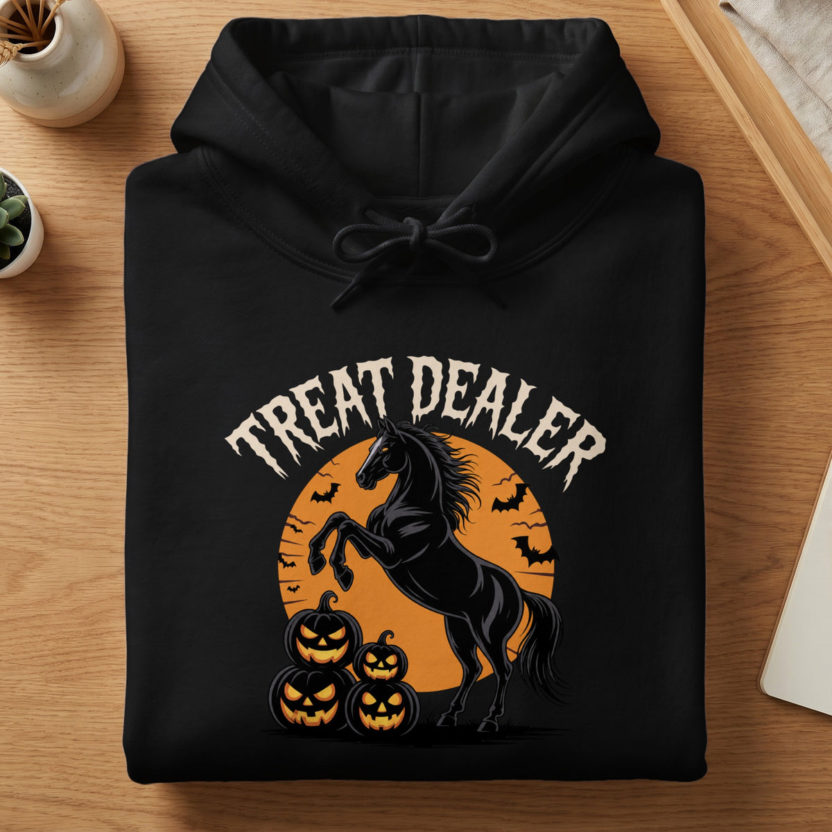 Black hoodie with a Halloween graphic of a horse, pumpkins, bats, and "Treat Dealer" text.