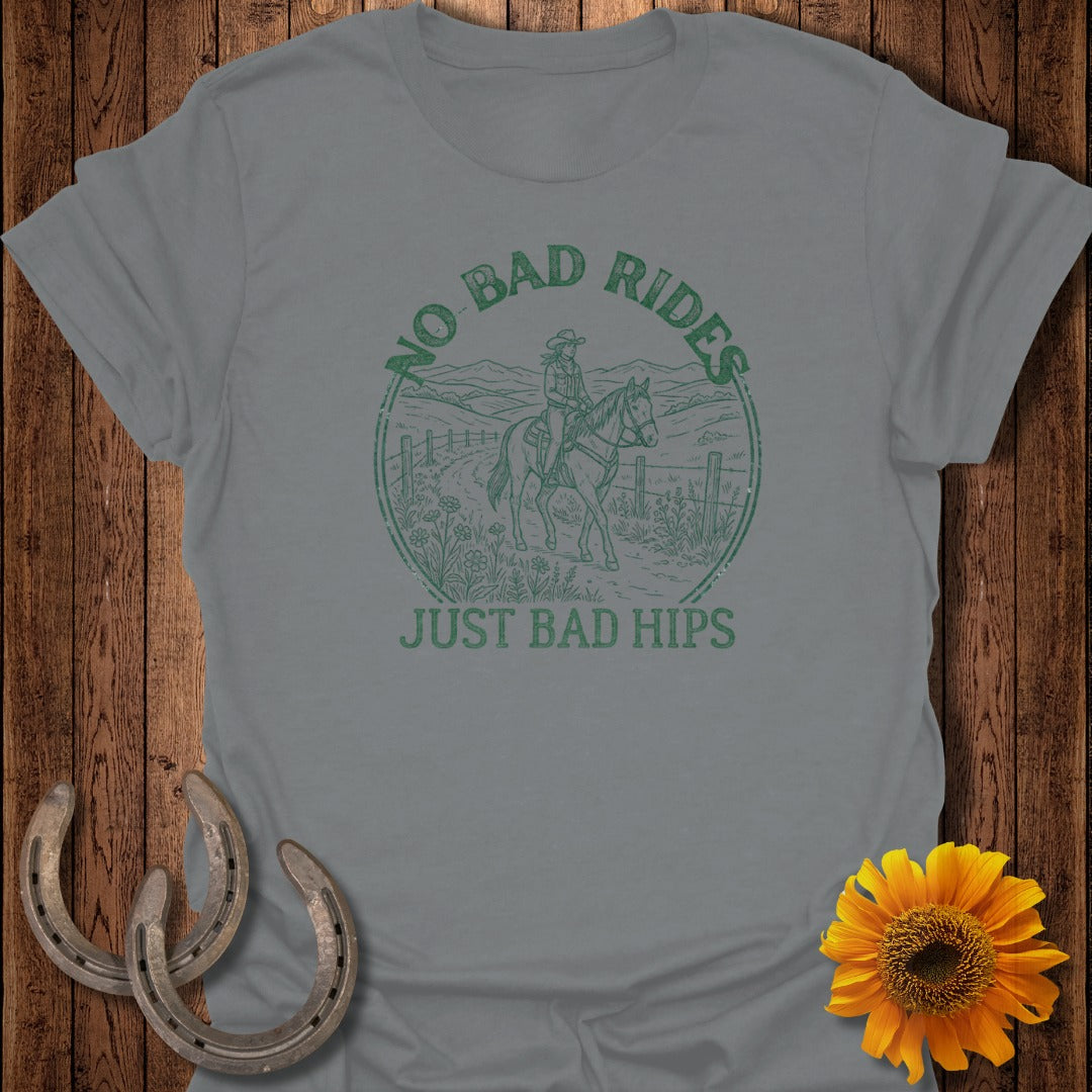 Grey t-shirt with "NO BAD RIDES JUST BAD HIPS" and horse graphic.