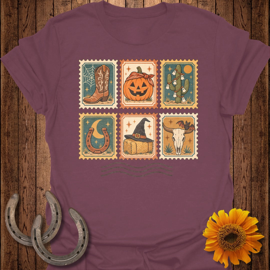 T-shirt with six vintage-style stamp designs: boot, pumpkin, cacti, horseshoe, witch hat, and bull skull.