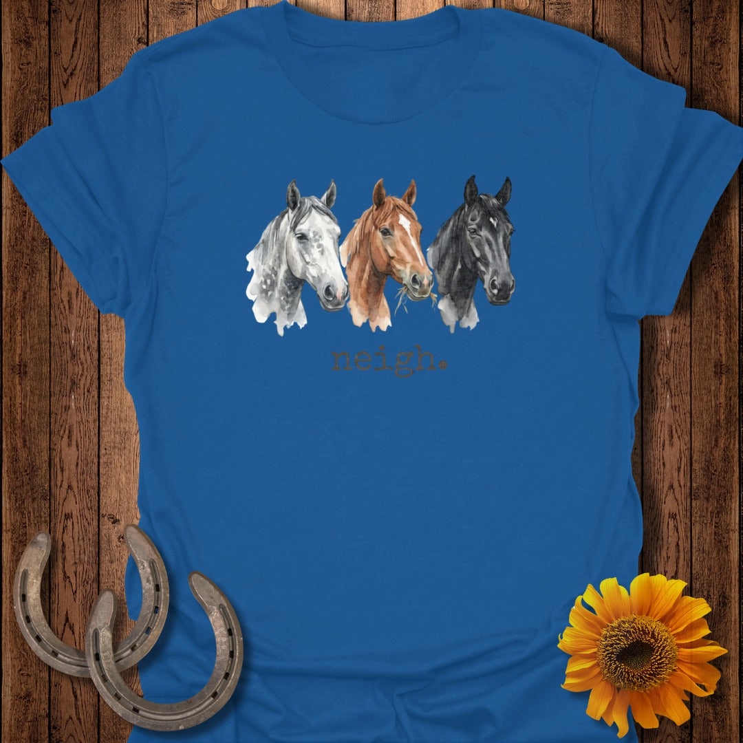 Three horse heads - grey, bay, and black - with "neigh" text on a blue t-shirt.