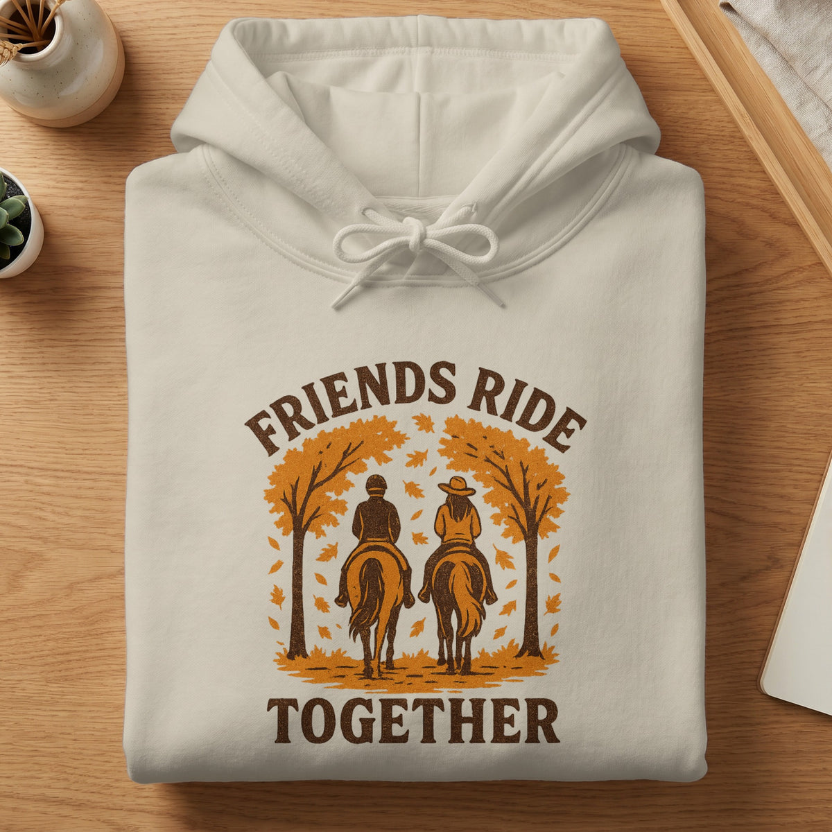 Cream hoodie with "Friends Ride Together" text and horse riders under trees.