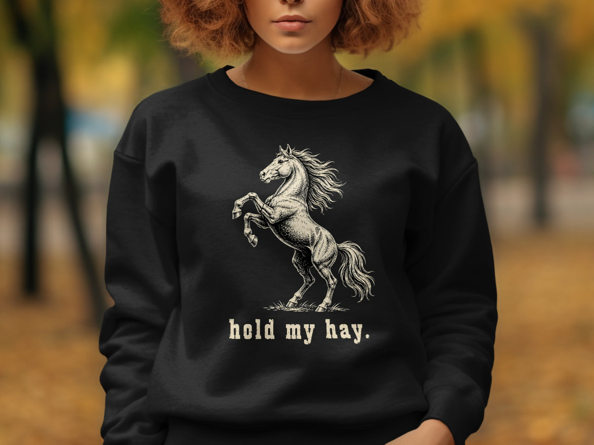 Black sweatshirt with a drawing of a rearing horse and the text "hold my hay."