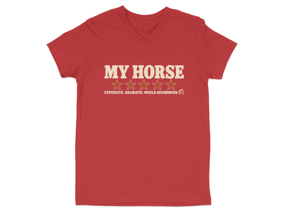 Red t-shirt with "My Horse" and a 4-star rating.