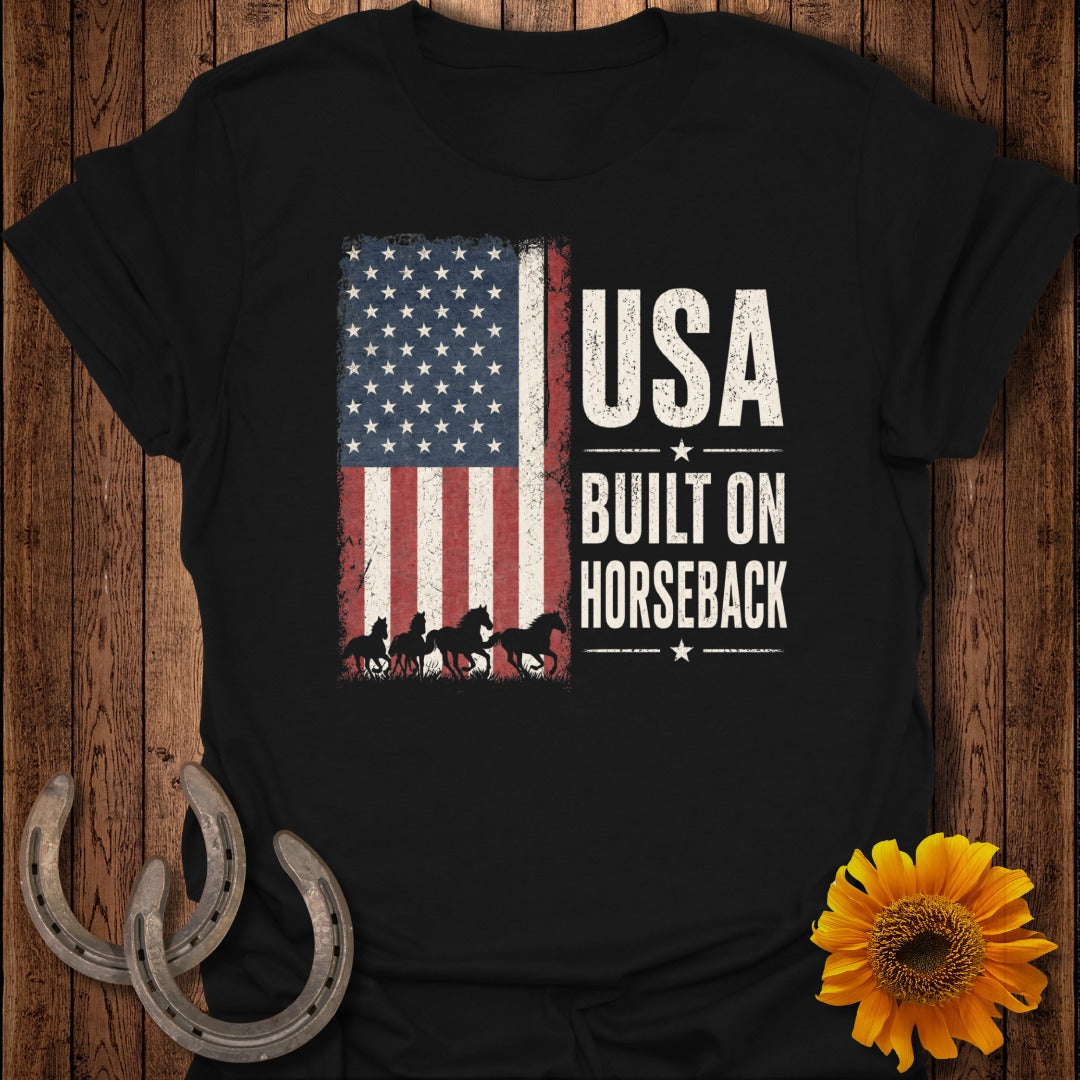 USA Built on Horseback graphic with distressed American flag and galloping horses.