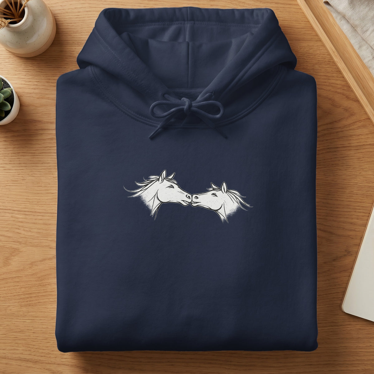Navy hoodie with a sketched white horse heads graphic.