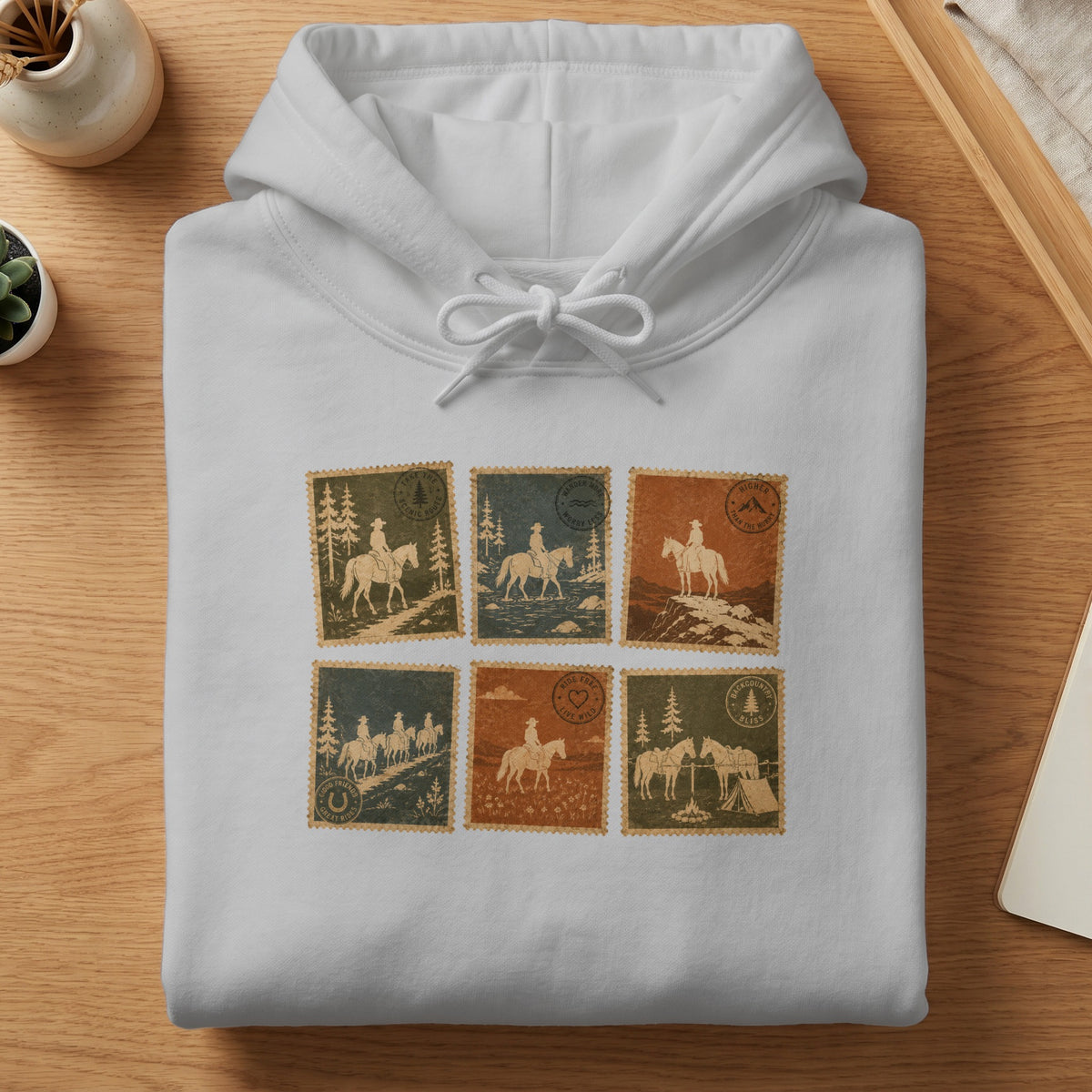 White hoodie with six stamp designs featuring cowboys and horses in outdoor scenes.