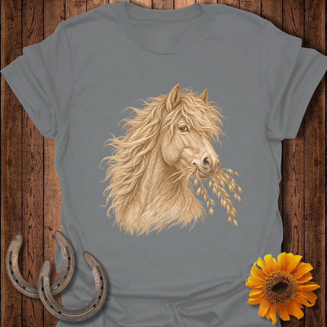 T-shirt with horse portrait eating wheat and rustic accents.