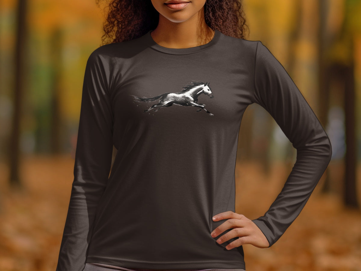 Long-sleeved dark brown t-shirt with a black and white running horse graphic.