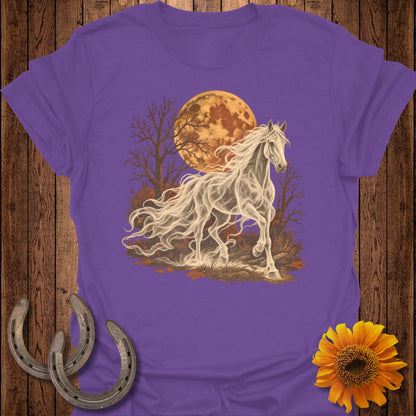 Ghostly white horse running in front of an orange moon and bare trees.