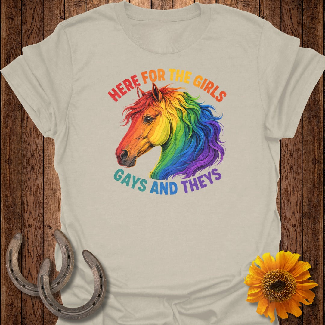 T-shirt with rainbow horse head graphic and text "Here for the Girls Gays and Theys".