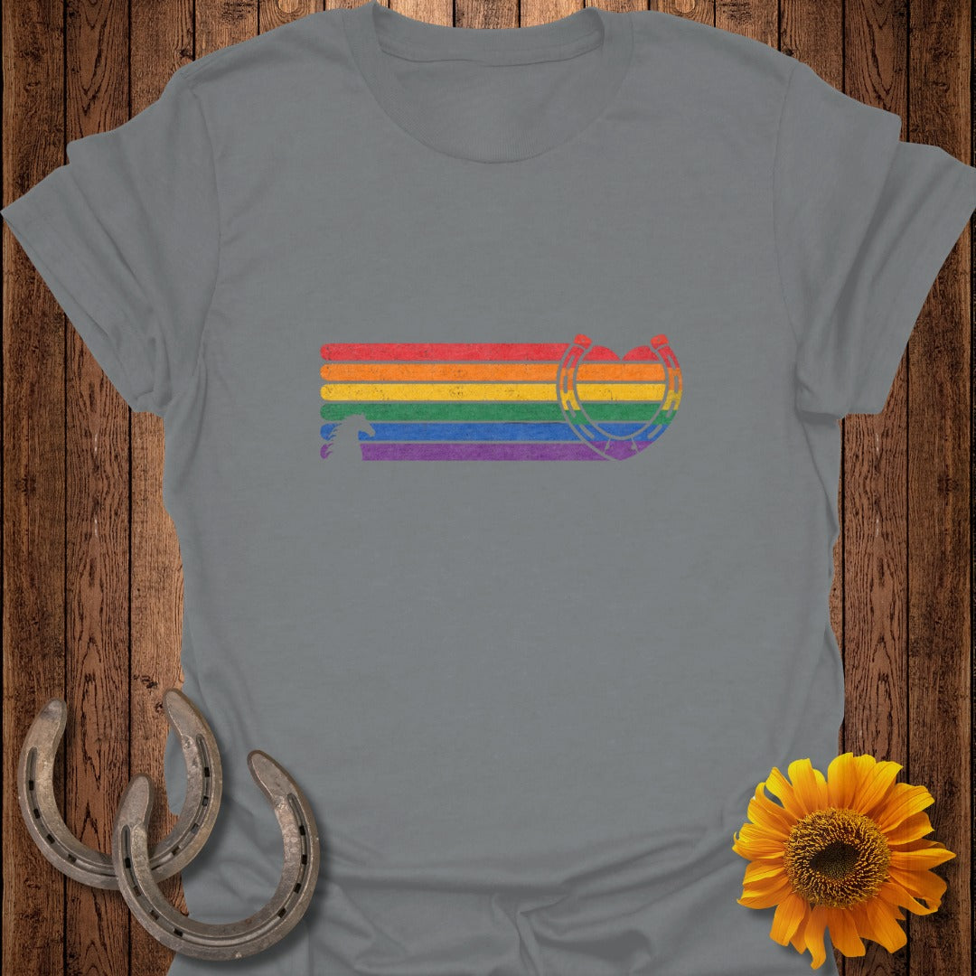 Gray t-shirt with rainbow horseshoe and horse silhouette graphic.