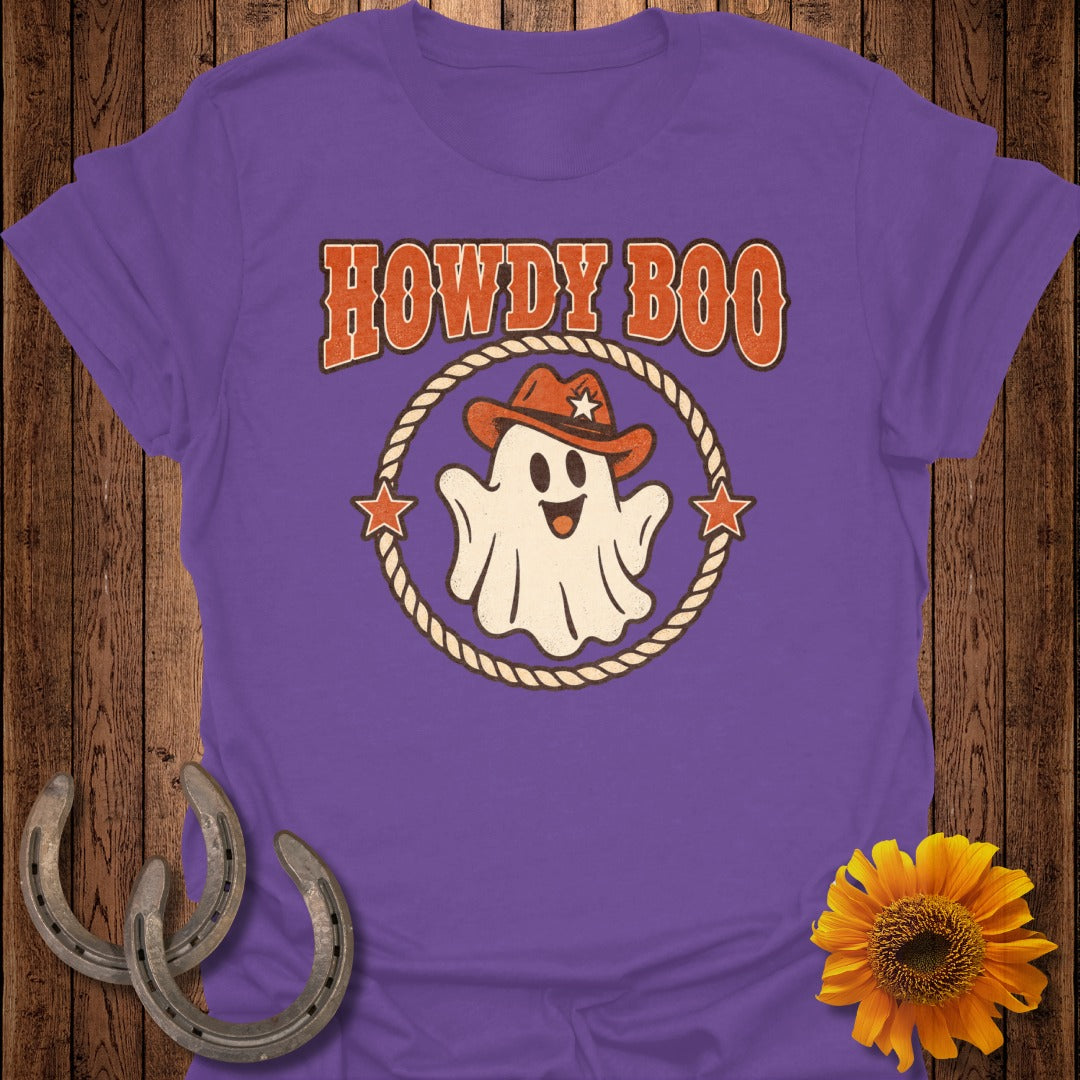 Purple t-shirt with "Howdy Boo" text above a ghost in a cowboy hat.