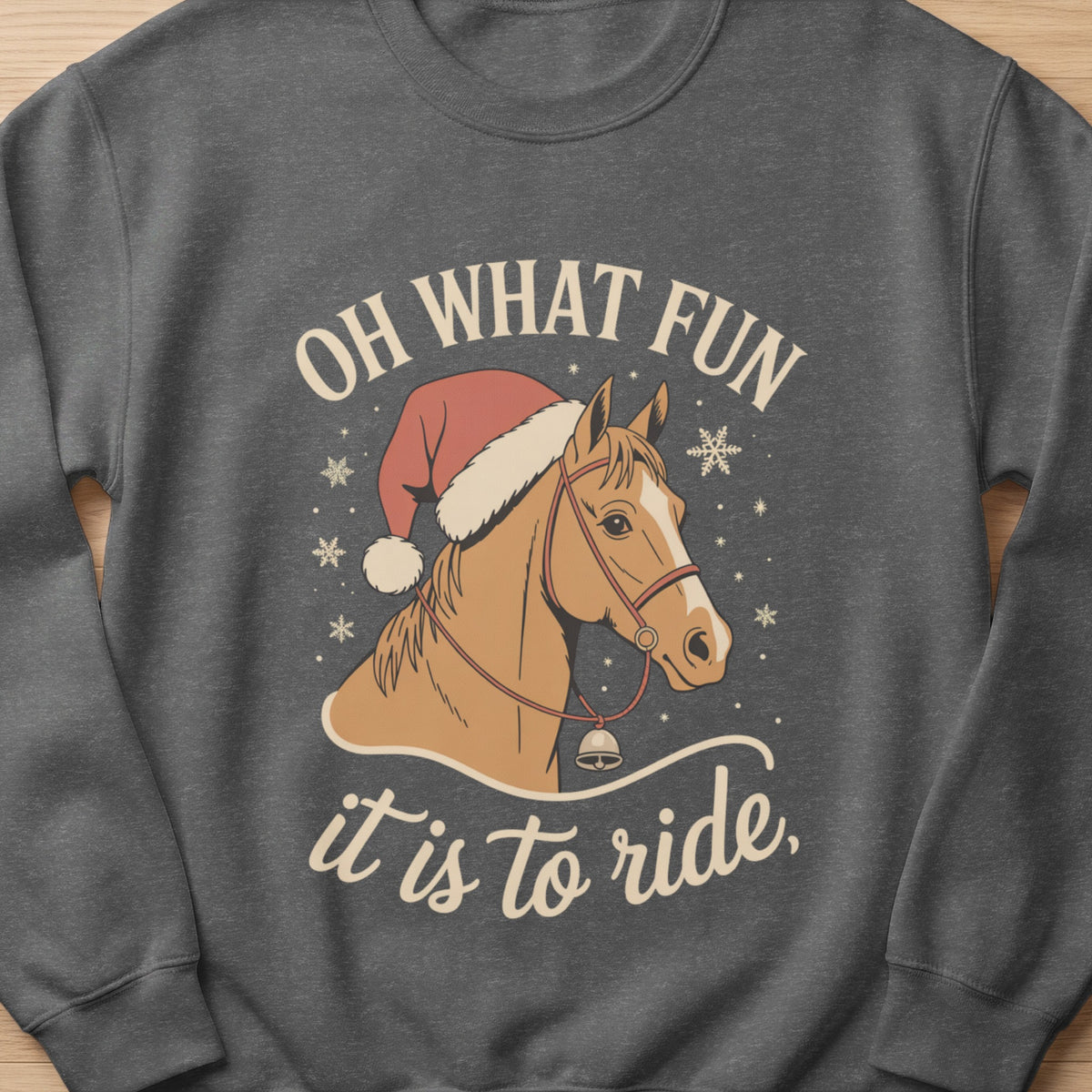 Horse wearing Santa hat with text "OH WHAT FUN it is to ride"