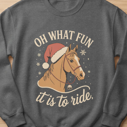 Horse wearing Santa hat with text "OH WHAT FUN it is to ride"
