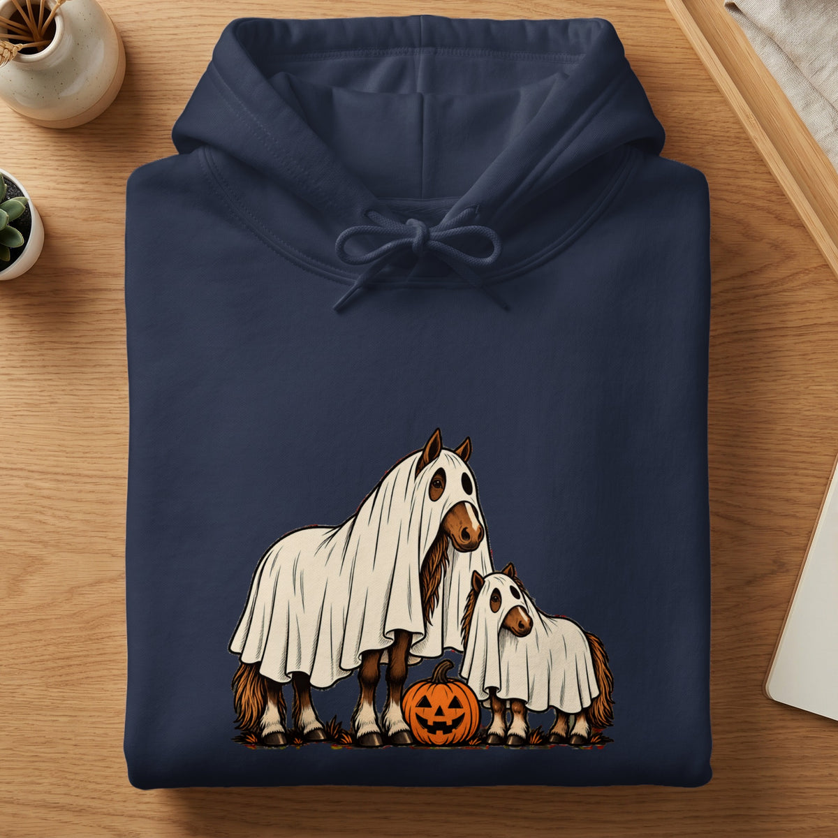 Two horses dressed as ghosts with a jack-o-lantern on a navy hoodie.