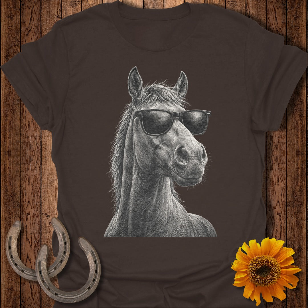 T-shirt with a sketch of a horse wearing sunglasses, flanked by horseshoes and a sunflower.