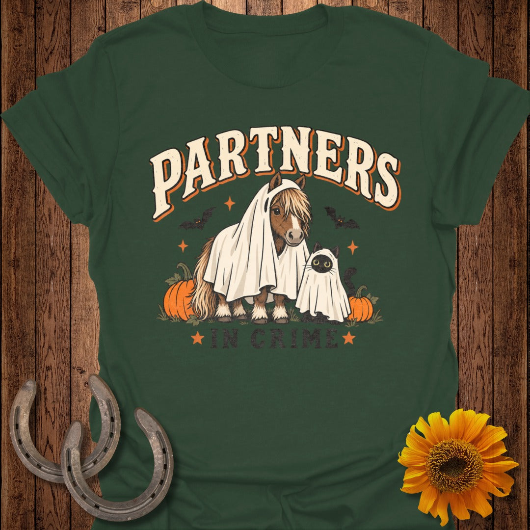 Horse and cat in ghost costumes with "Partners in Crime" text.