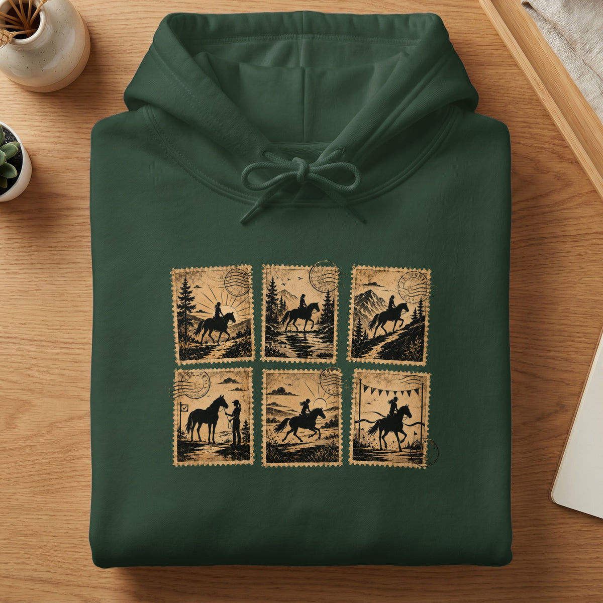 Green hoodie with a print of six vintage postage stamps featuring horseback riding scenes.