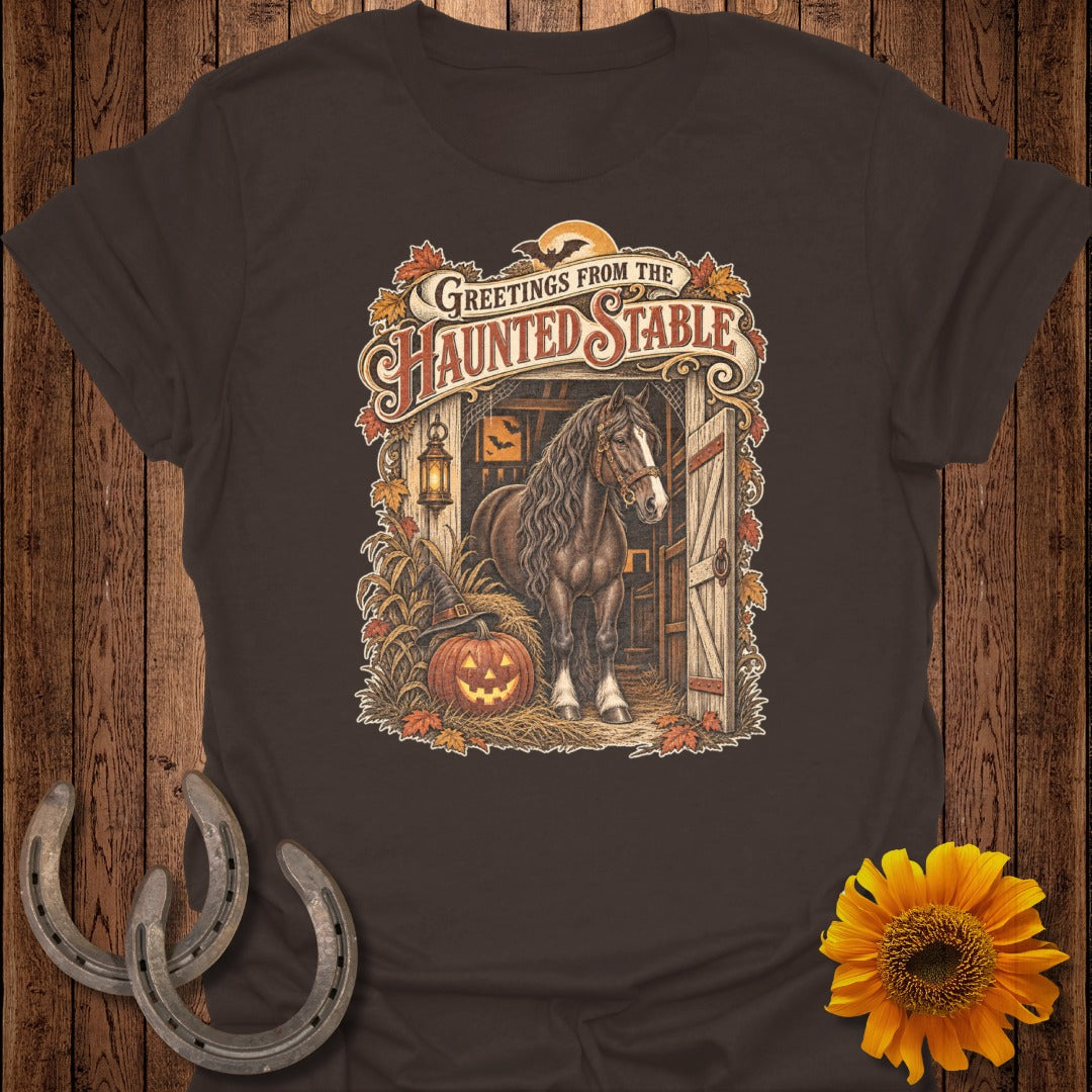 Horse in a barn with pumpkin, witch hat, and "Greetings from the Haunted Stable" text.
