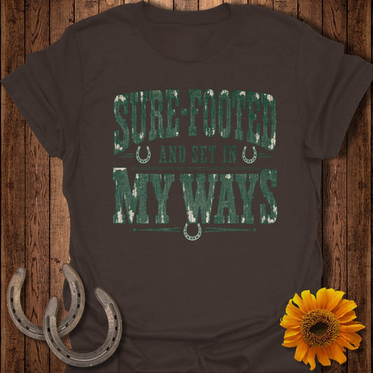 Brown t-shirt with distressed text "SURE-FOOTED AND SET IN MY WAYS" with horseshoes.