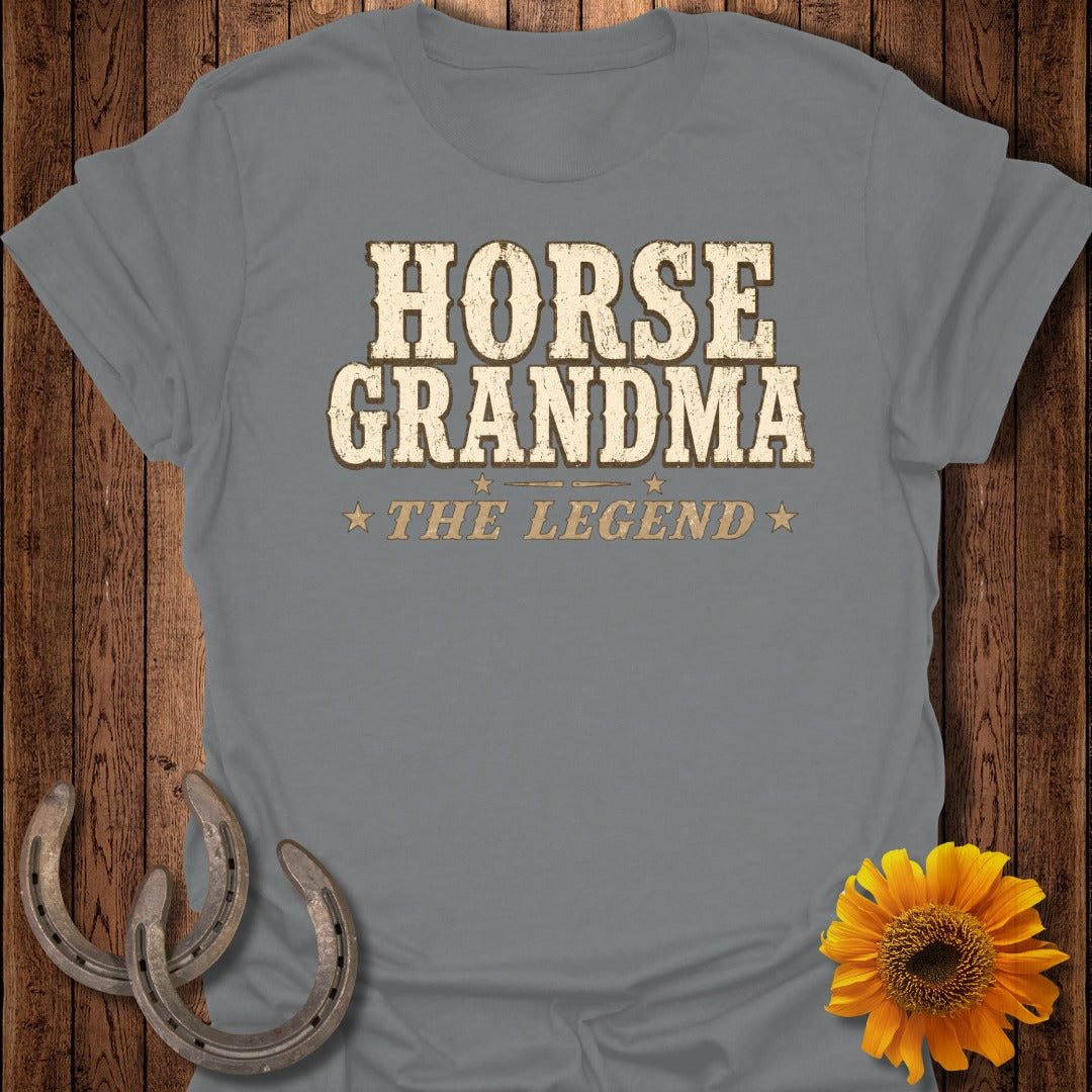 Gray t-shirt with "HORSE GRANDMA THE LEGEND" text, horseshoes, and sunflower.