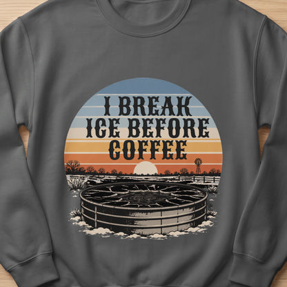 Text "I Break Ice Before Coffee" over a frosty water trough and rural sunset scene.