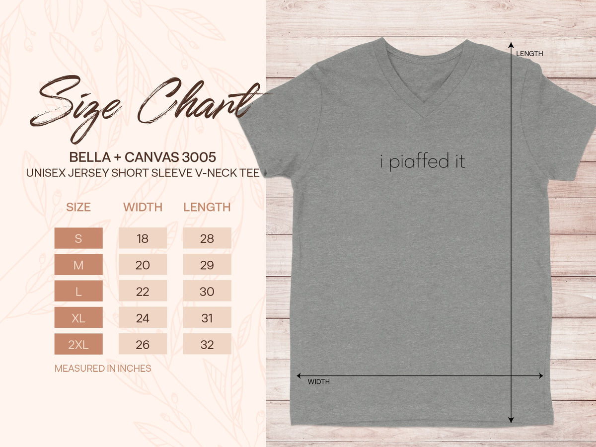 Size chart for Bella + Canvas 3005 unisex v-neck tee with measurements.