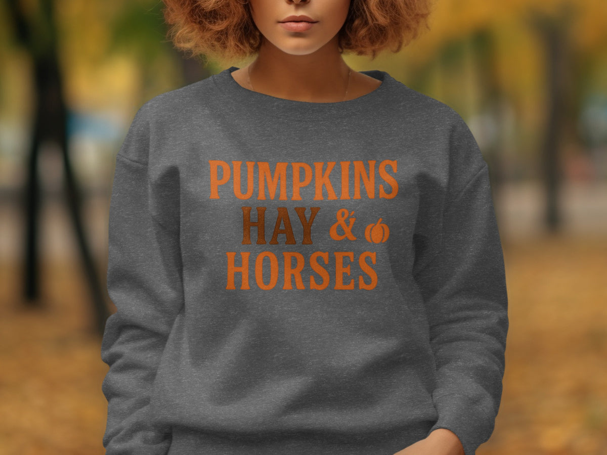 Gray sweatshirt with orange text reading "PUMPKINS HAY & HORSES".