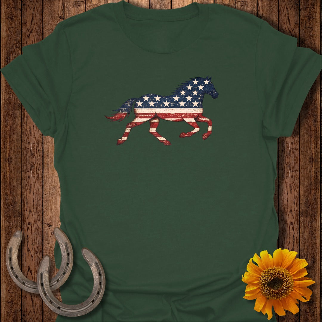 Green t-shirt with distressed American flag horse graphic and sunflowers.