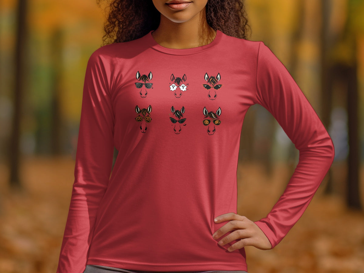 Red long-sleeve shirt with six cartoon horse faces wearing Halloween-themed glasses.