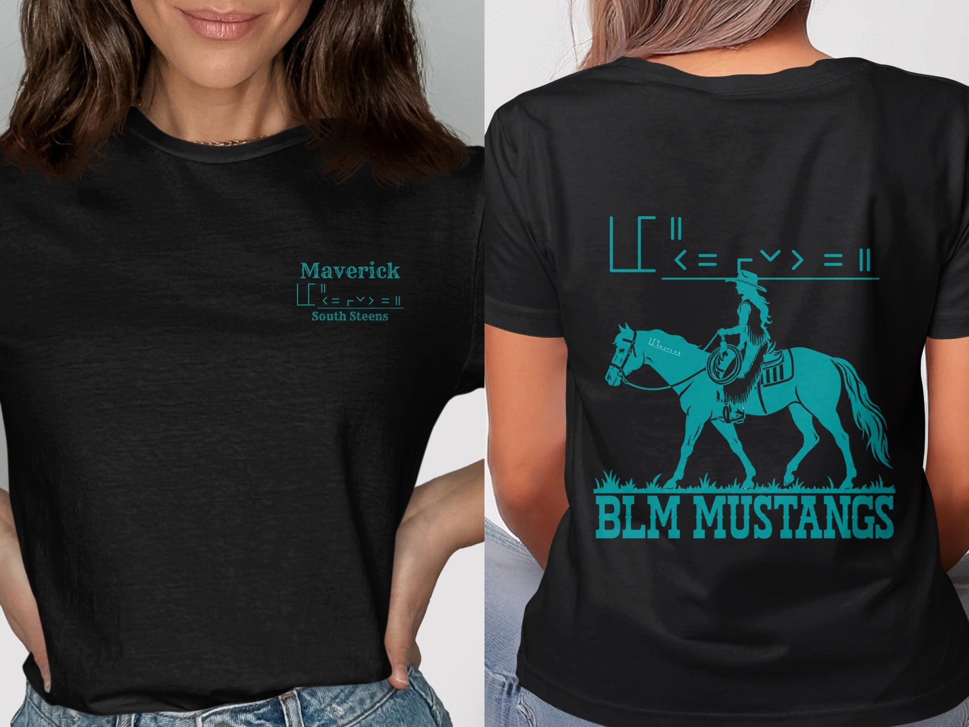 Black t-shirt with teal text and graphic of a rider on a horse.
