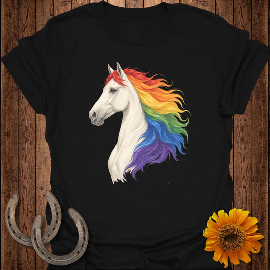 Black t-shirt with white horse head and rainbow mane.