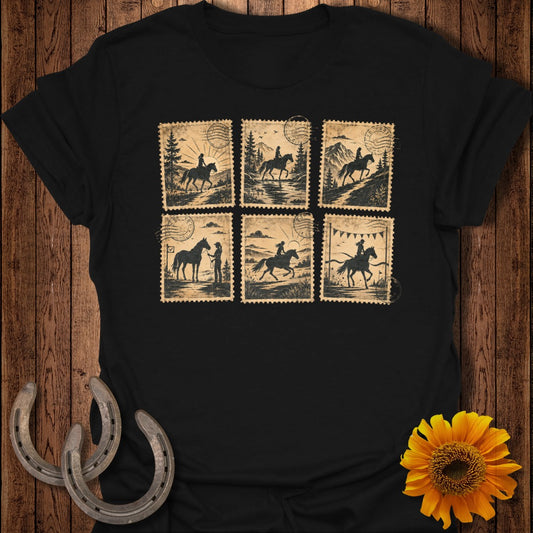 Black t-shirt with six postage stamp-style illustrations of horses and riders.