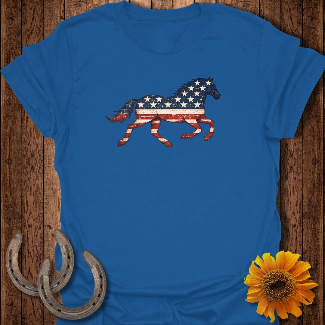 Royal blue t-shirt with distressed American flag horse graphic.