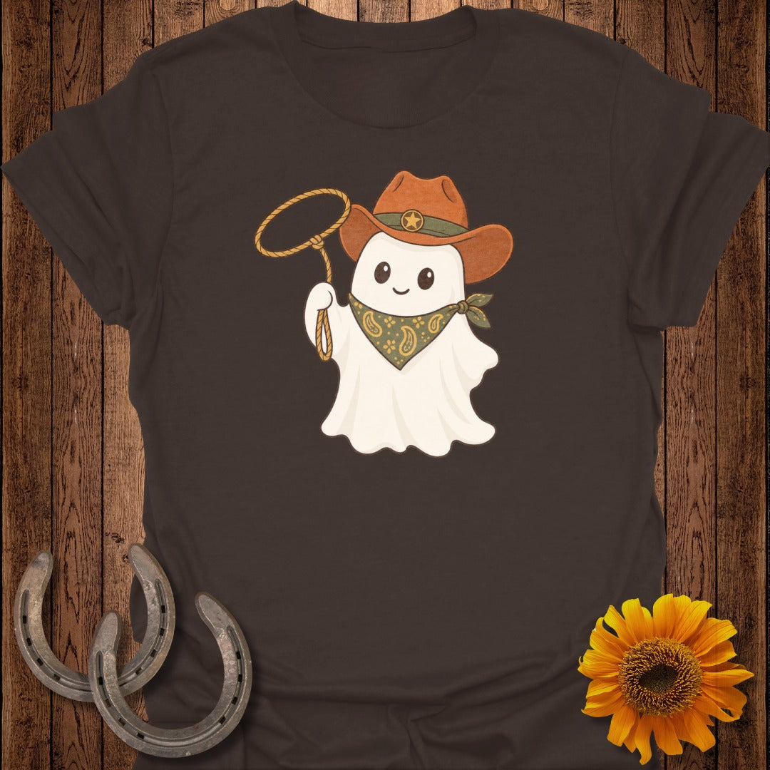Cute ghost cowboy with a lasso and bandana on a brown t-shirt.