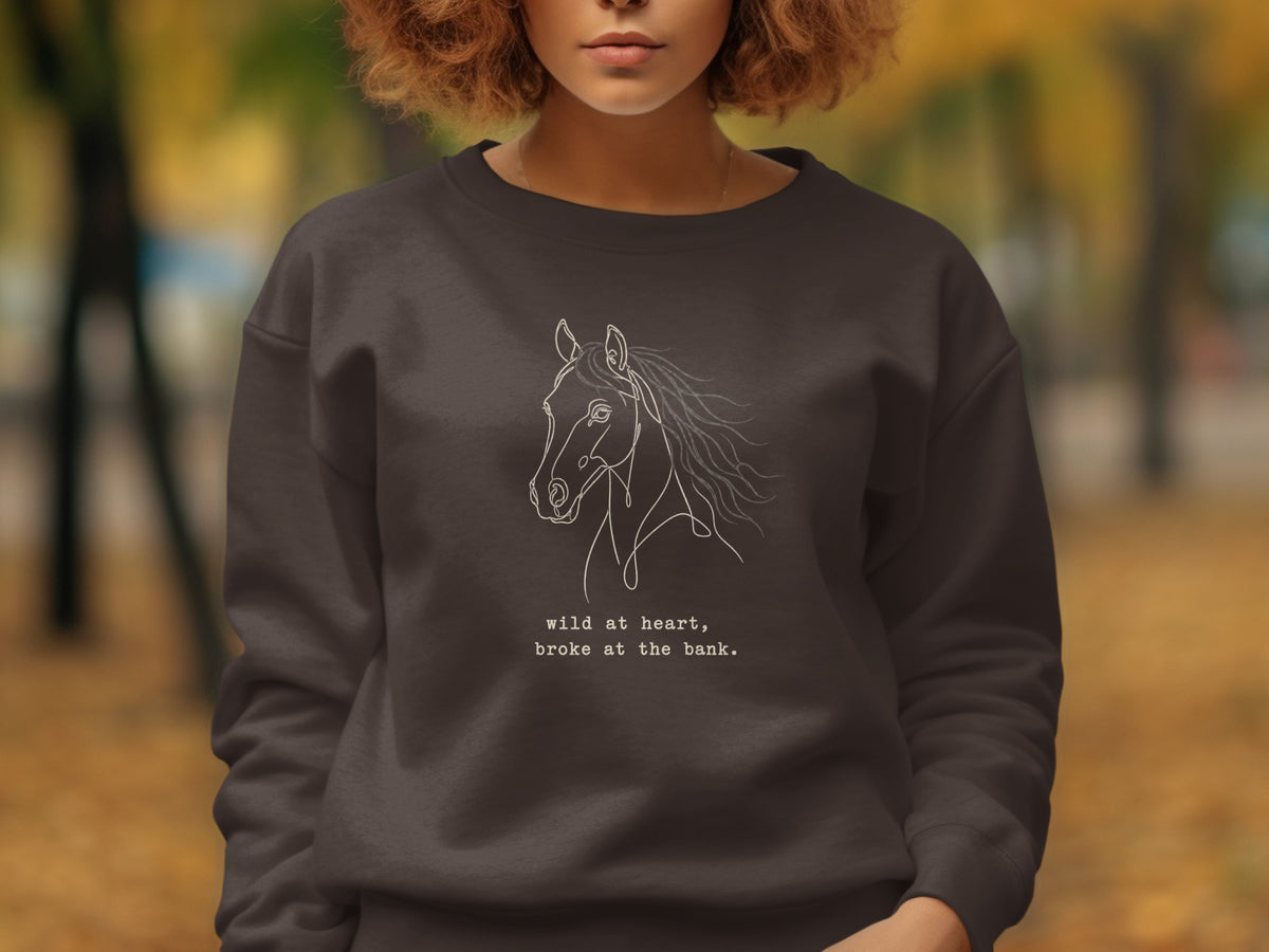 Dark grey sweatshirt with a white line drawing of a horse head and text.