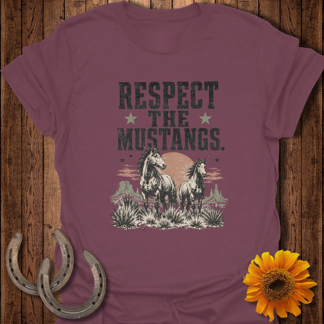 T-shirt graphic with "Respect The Mustangs" text above two horses and desert landscape.