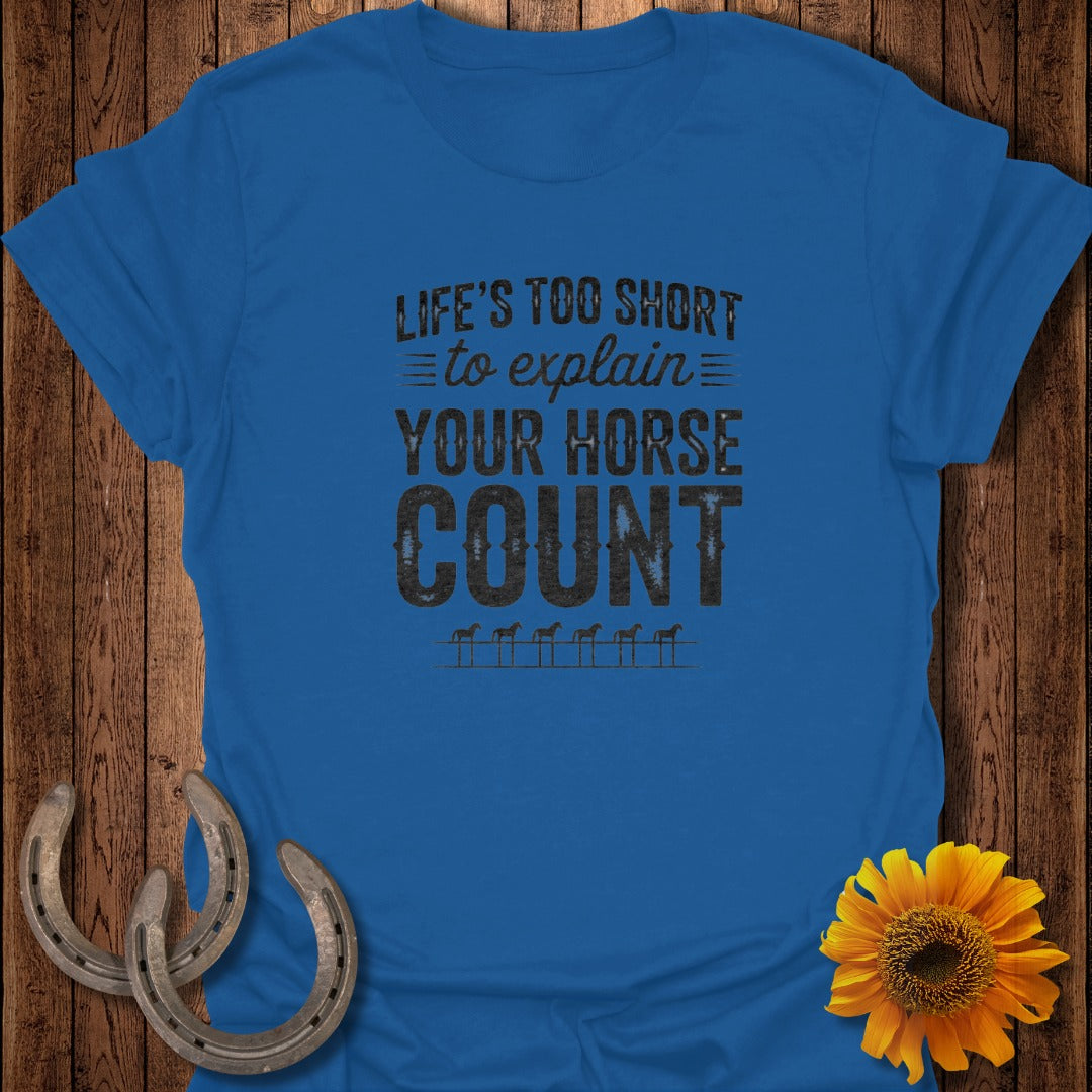 Blue t-shirt with "Life's Too Short to Explain Your Horse Count" text.