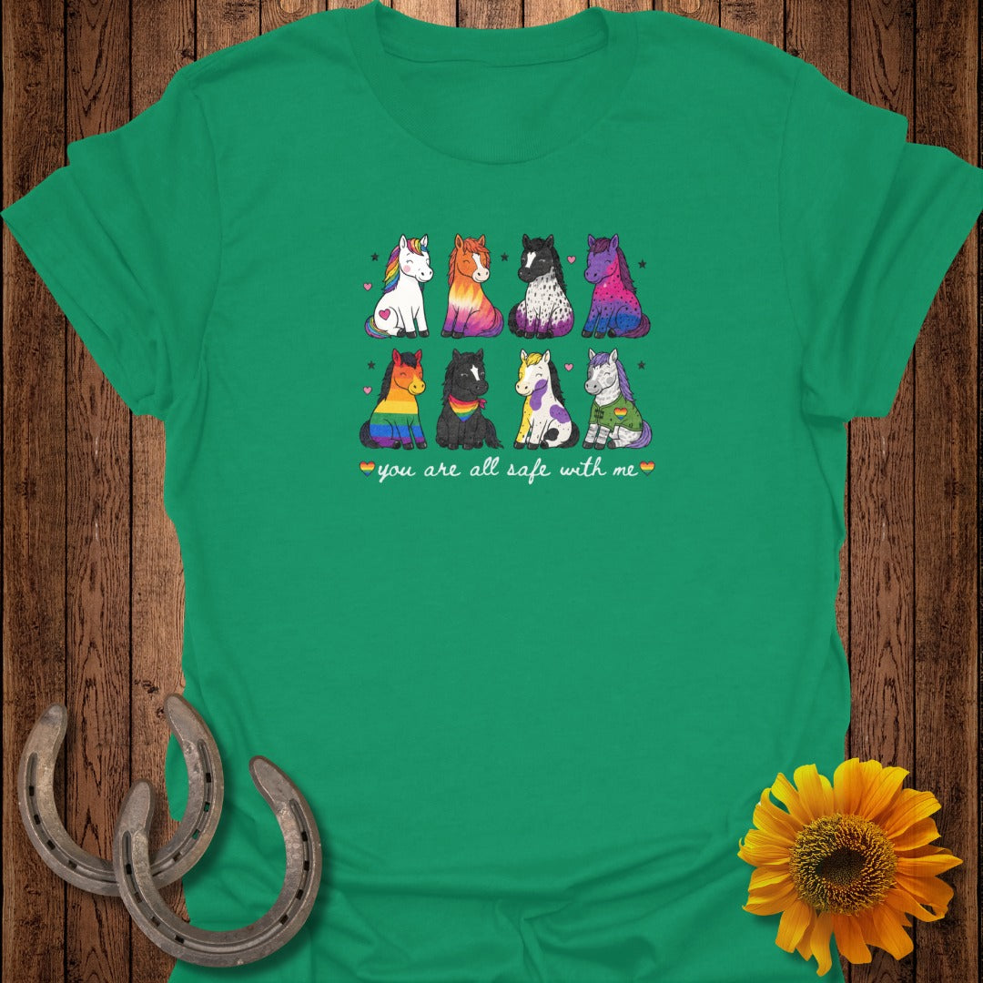 Eight cartoon horses in rainbow and pride flag colors, with text "you are all safe with me."