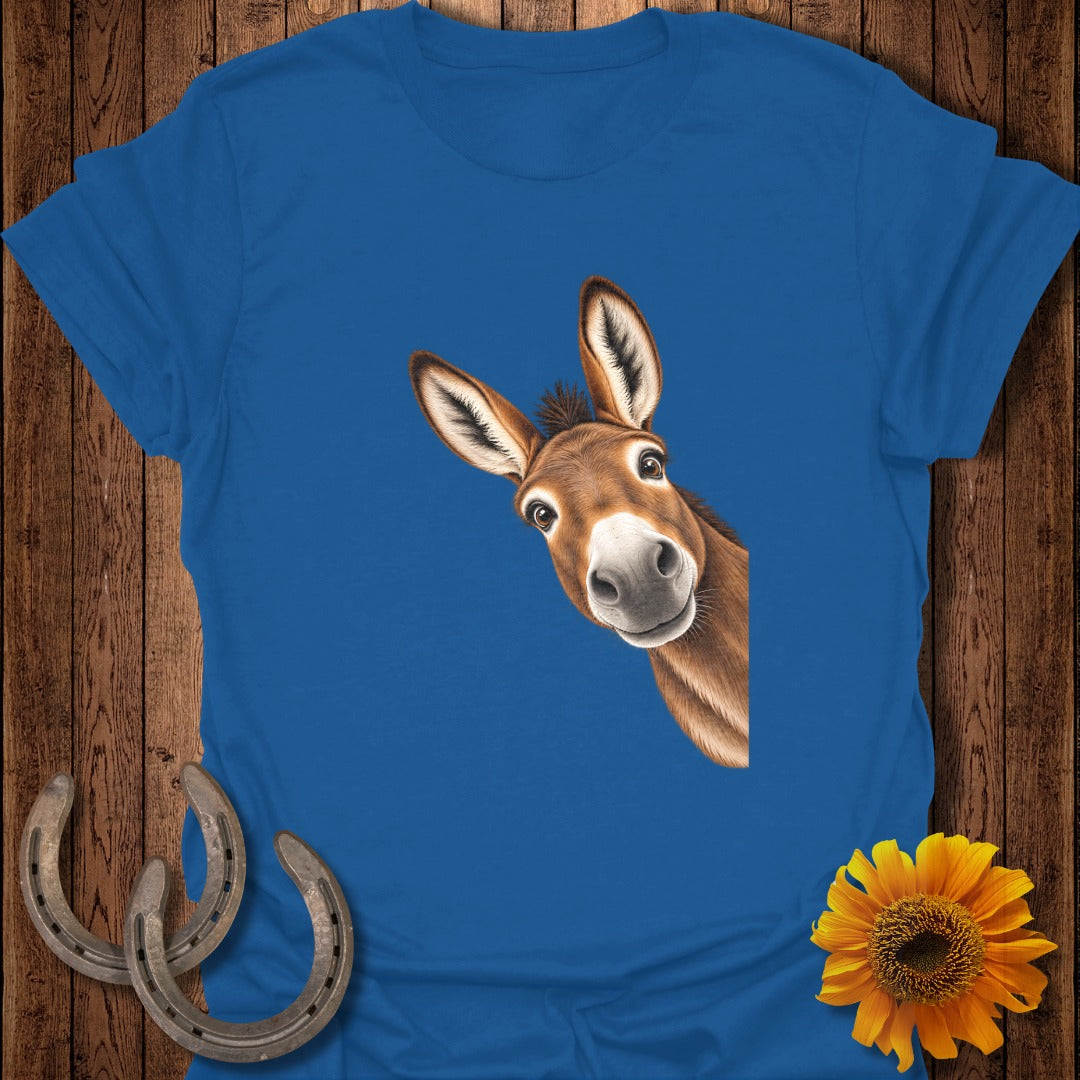 Blue t-shirt with a curious donkey peeking from the side.