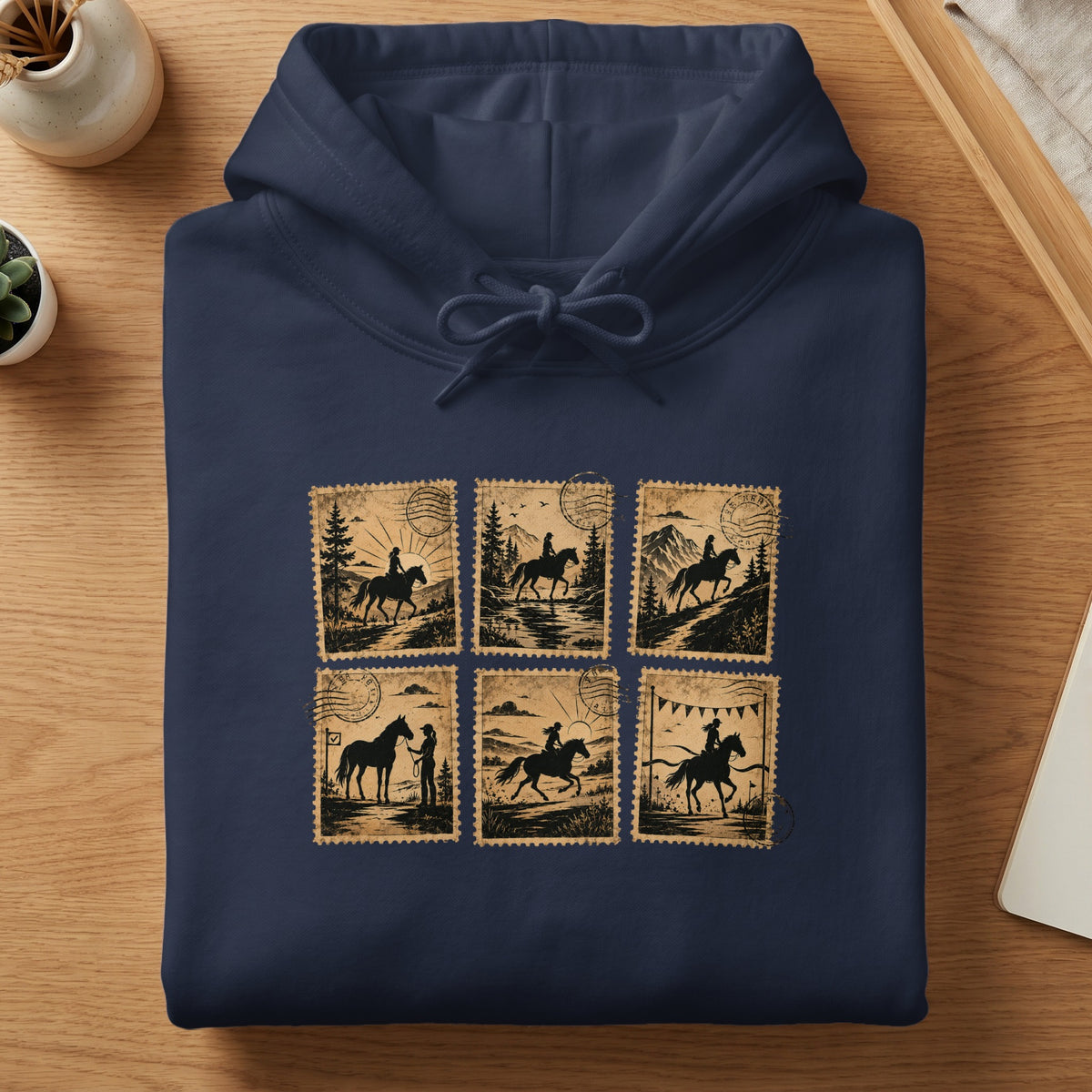 Navy hoodie with six vintage stamp graphics of people riding horses.