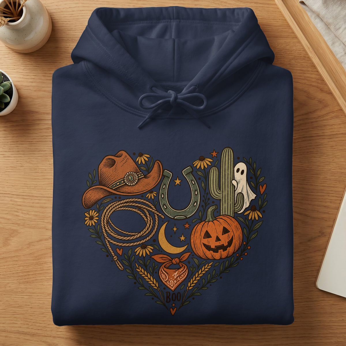 Navy hoodie with heart-shaped Halloween and Western graphic featuring a pumpkin and ghost.