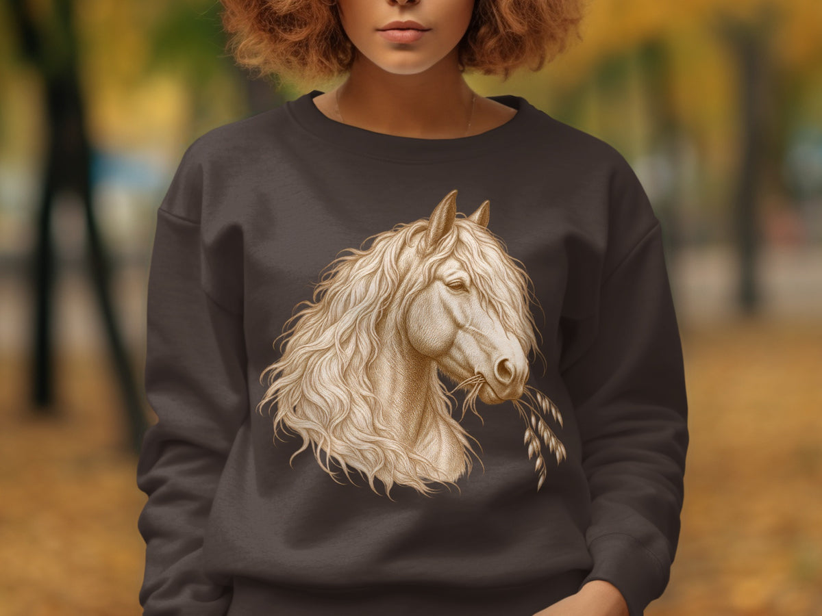 Brown sweatshirt with a detailed vintage illustration of a pale horse's head eating wheat.