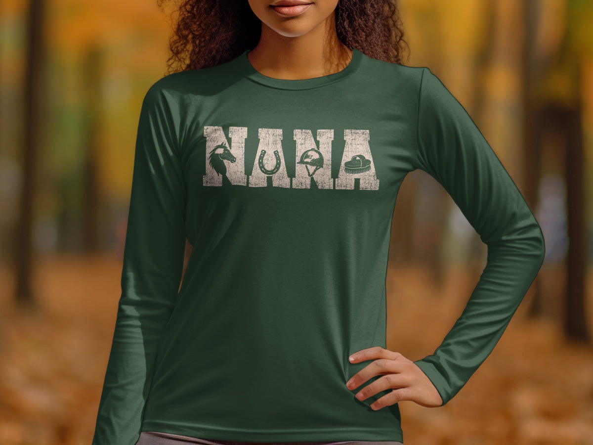 Green long-sleeve shirt with "NANA" featuring horse, horseshoe, helmet, and brush graphics.