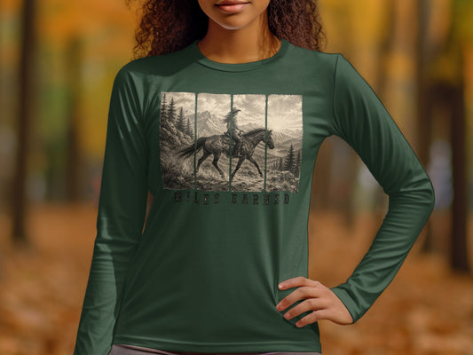 Engraving of horse rider on mountain trail with "MILES EARNED" text.