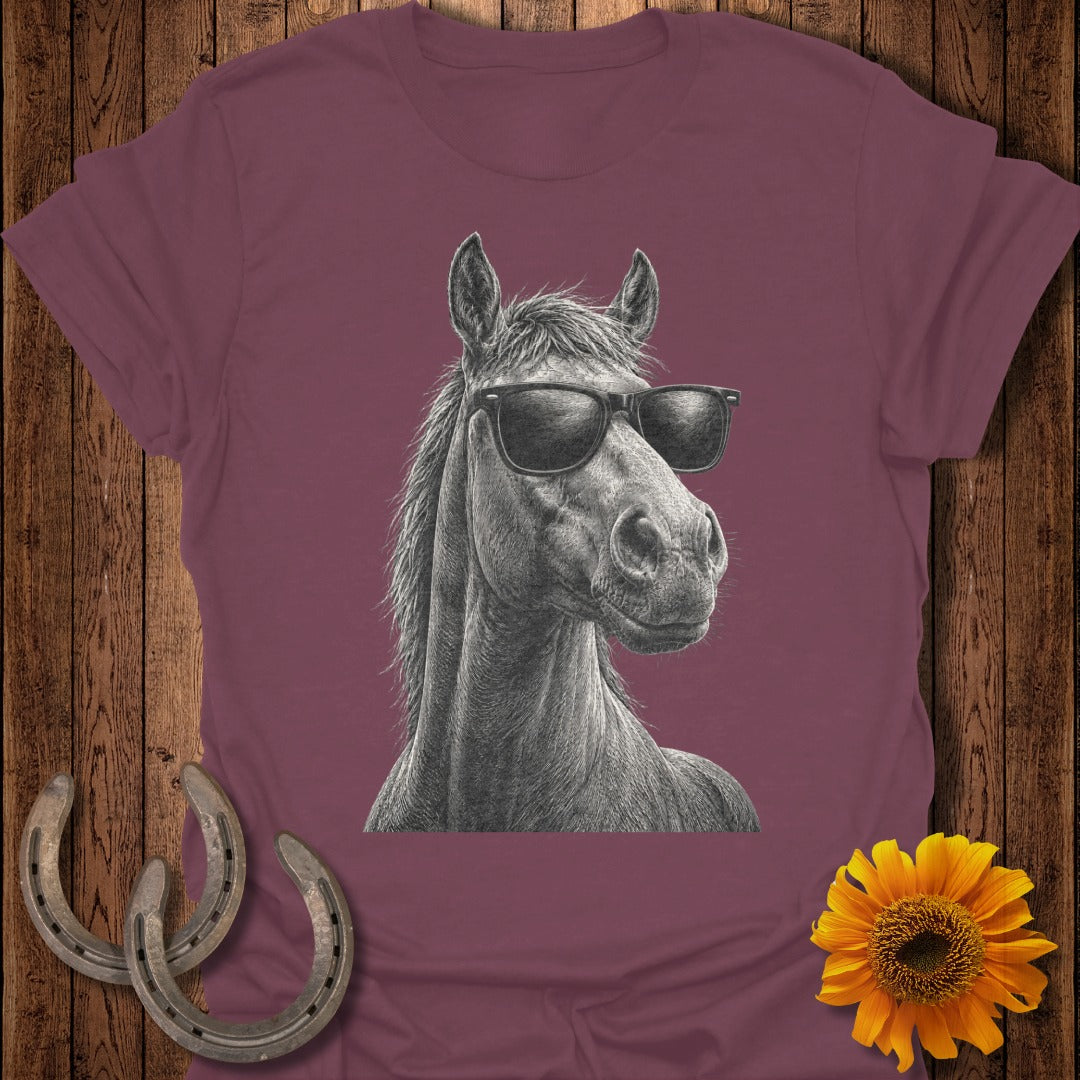 Horse wearing sunglasses, with horseshoes and sunflower accents.