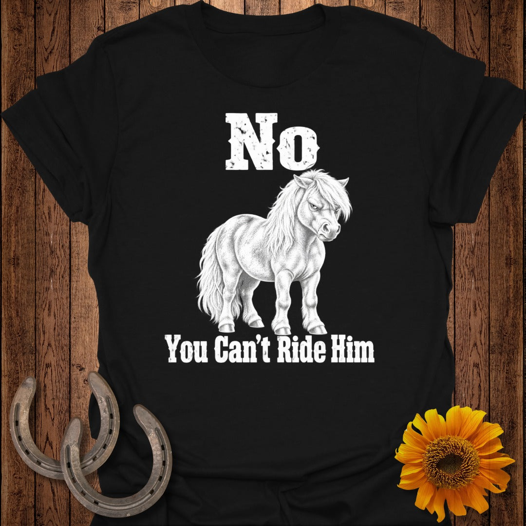 Black t-shirt with white text and a drawing of a pony that says "No You Can't Ride Him".
